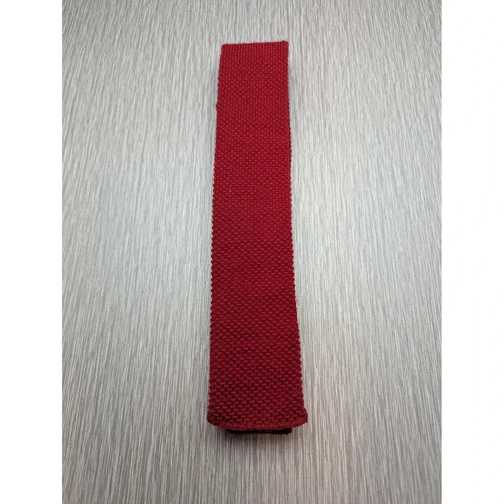 Mens Red Knit Tie Square End Skinny Necktie Preppy Ivy League Mod